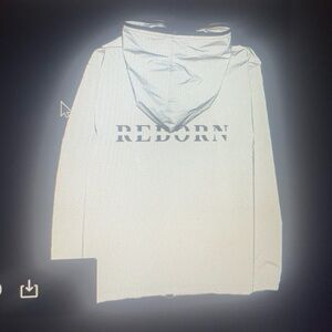 Gray reflective hoodie jacket with 'REBORN'. Great for outdoor night gear.